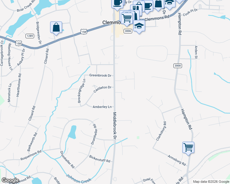 map of restaurants, bars, coffee shops, grocery stores, and more near 3123 Tudor Oak Drive in Clemmons