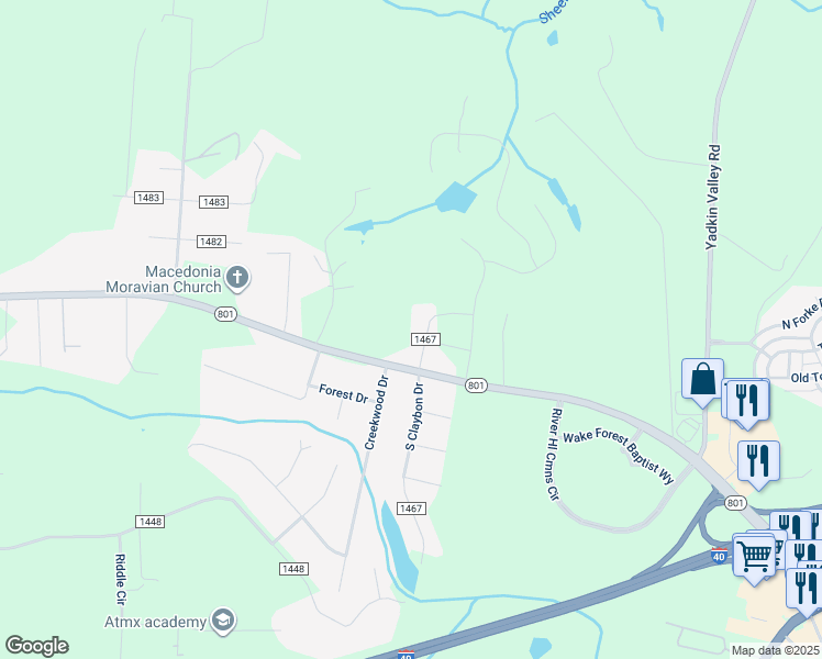 map of restaurants, bars, coffee shops, grocery stores, and more near 125 Claybon Drive in Advance