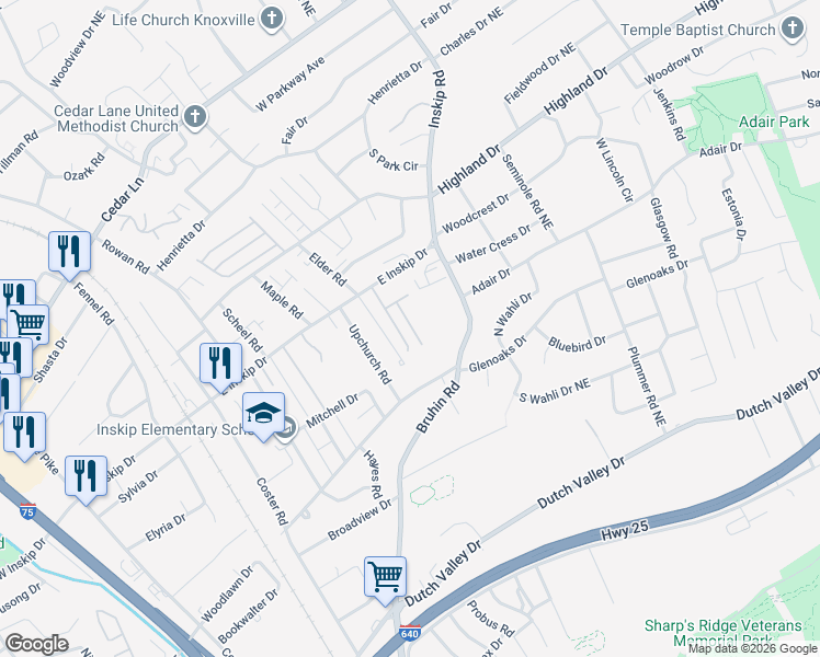 map of restaurants, bars, coffee shops, grocery stores, and more near 4719 Scepter Way in Knoxville