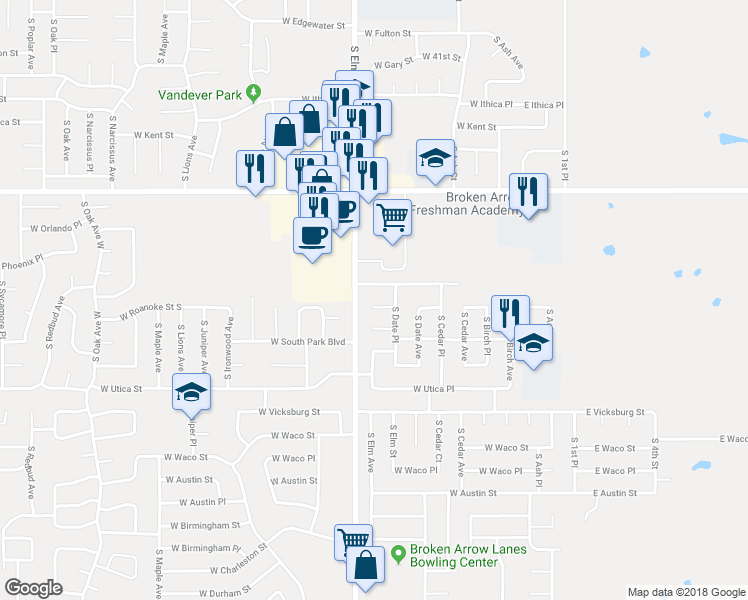 map of restaurants, bars, coffee shops, grocery stores, and more near 516 West Roanoke Street in Broken Arrow
