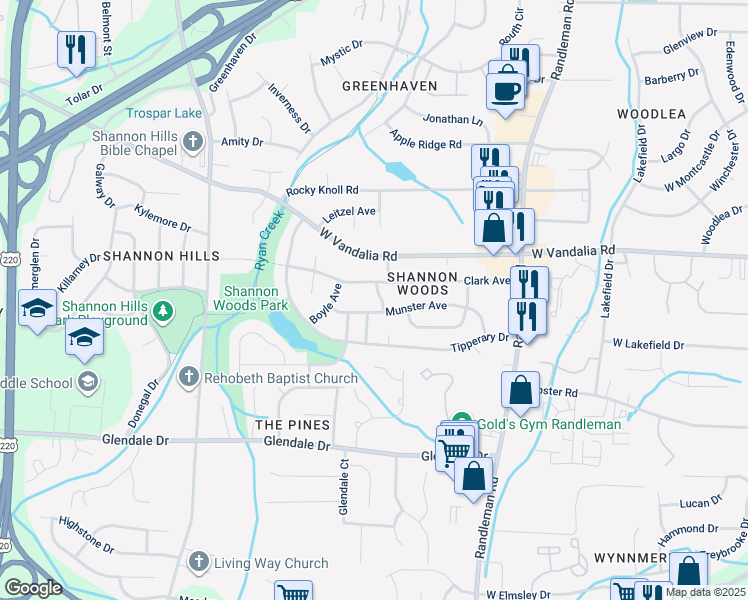 map of restaurants, bars, coffee shops, grocery stores, and more near 3004 Longford Avenue in Greensboro