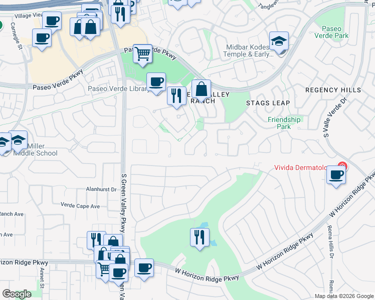 map of restaurants, bars, coffee shops, grocery stores, and more near 2075 Jupiter Hills Lane in Henderson