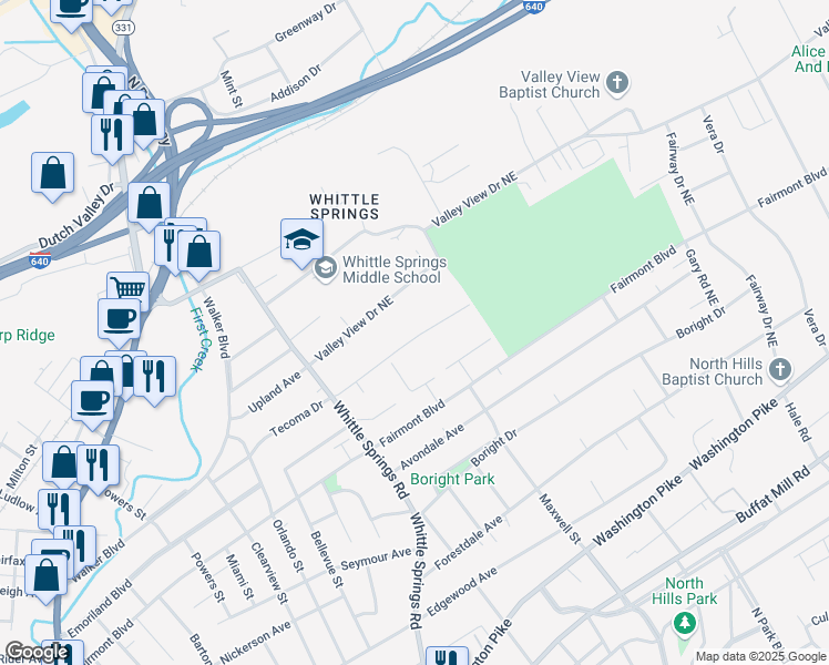 map of restaurants, bars, coffee shops, grocery stores, and more near 2827 Tecoma Drive in Knoxville