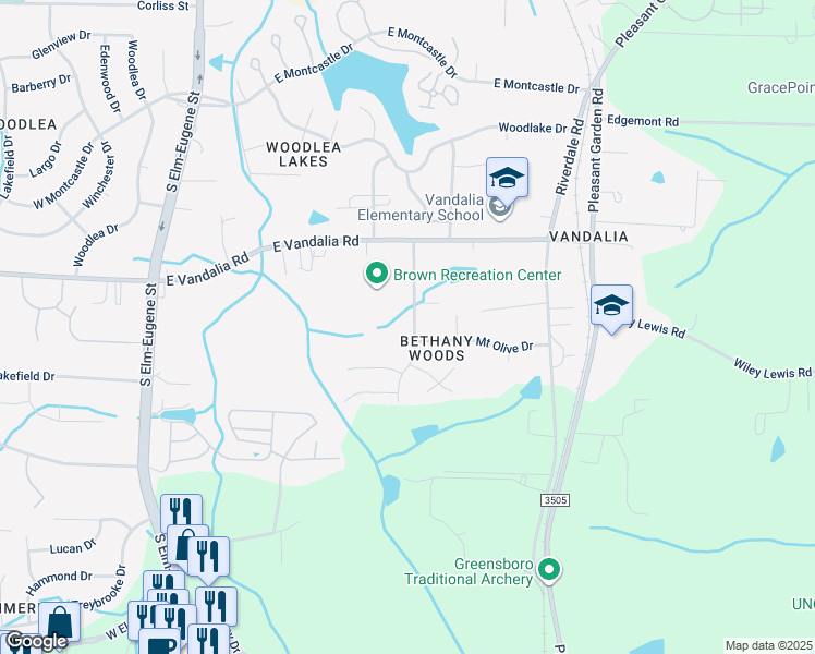 map of restaurants, bars, coffee shops, grocery stores, and more near 3608 Bethany Trce in Greensboro