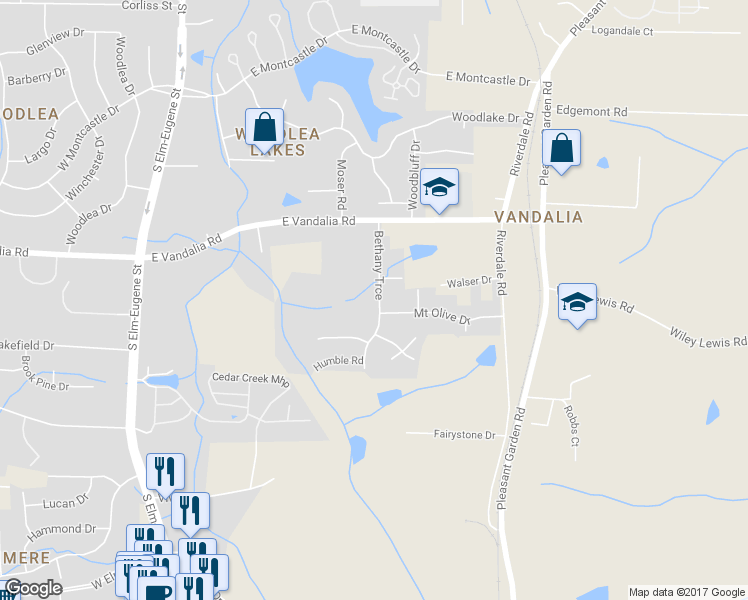 map of restaurants, bars, coffee shops, grocery stores, and more near 3608 Bethany Trce in Greensboro