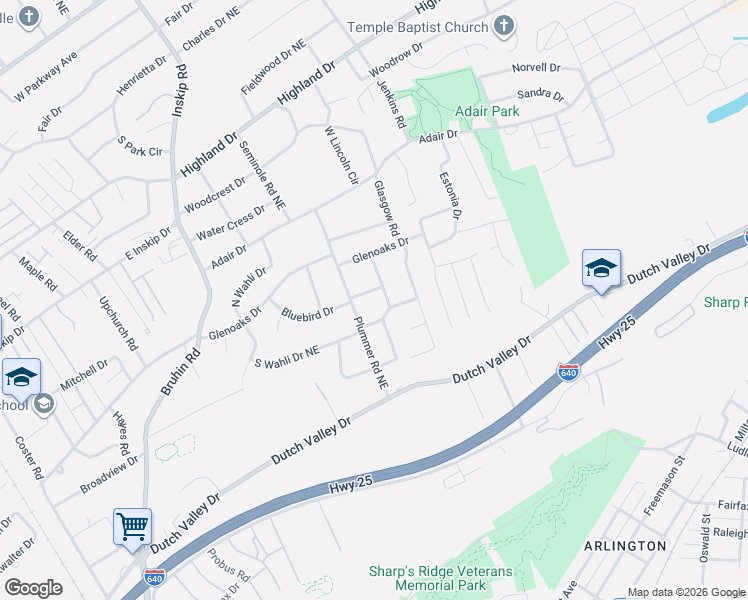 map of restaurants, bars, coffee shops, grocery stores, and more near 4310 Plummer Road Northeast in Knoxville