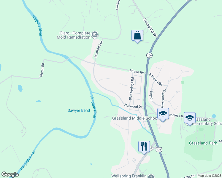 map of restaurants, bars, coffee shops, grocery stores, and more near 1026 Boxwood Drive in Franklin