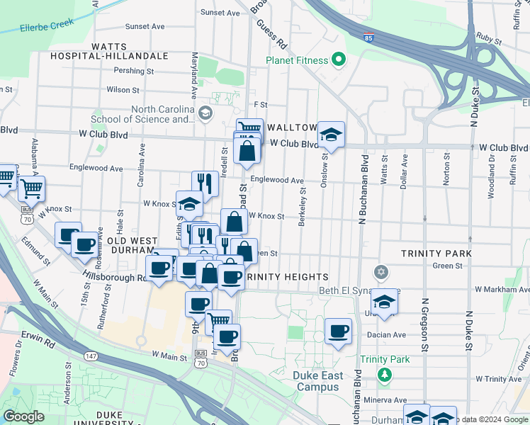 map of restaurants, bars, coffee shops, grocery stores, and more near 1000 Clarendon Street in Durham