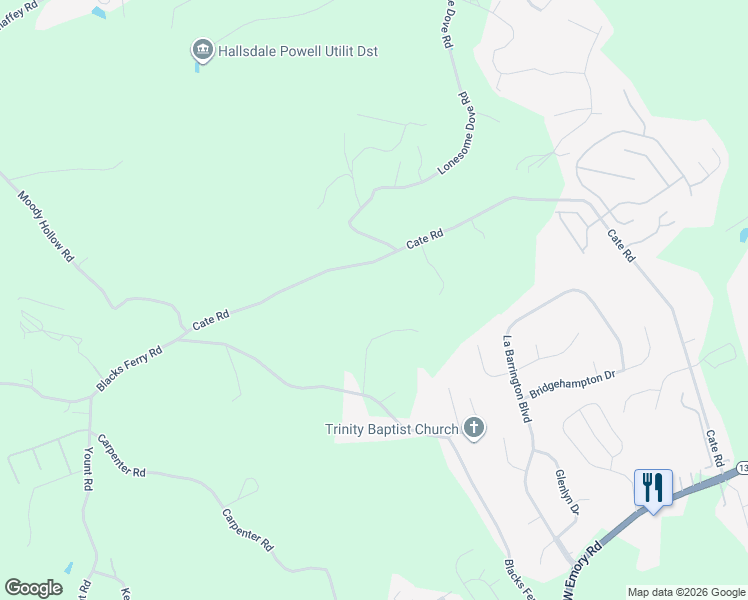 map of restaurants, bars, coffee shops, grocery stores, and more near 6558 Cate Road in Knoxville