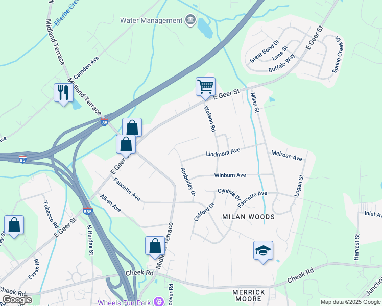 map of restaurants, bars, coffee shops, grocery stores, and more near 2311 Lindmont Avenue in Durham
