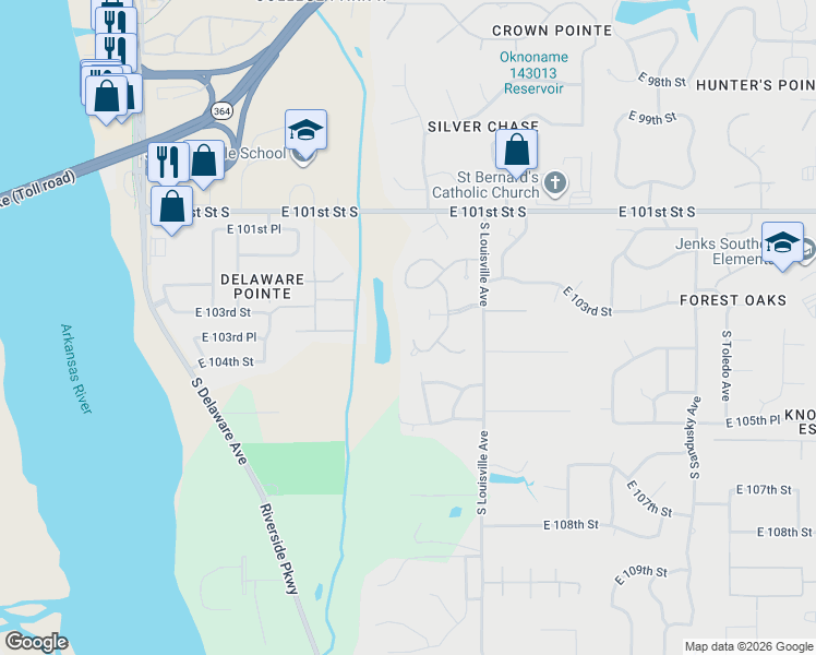 map of restaurants, bars, coffee shops, grocery stores, and more near 3502 East 104th Street in Tulsa