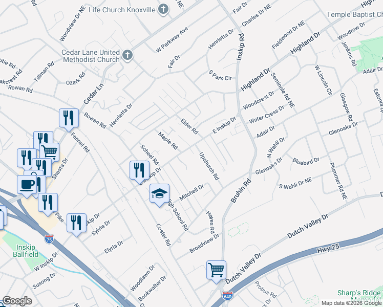 map of restaurants, bars, coffee shops, grocery stores, and more near 706 East Inskip Drive in Knoxville