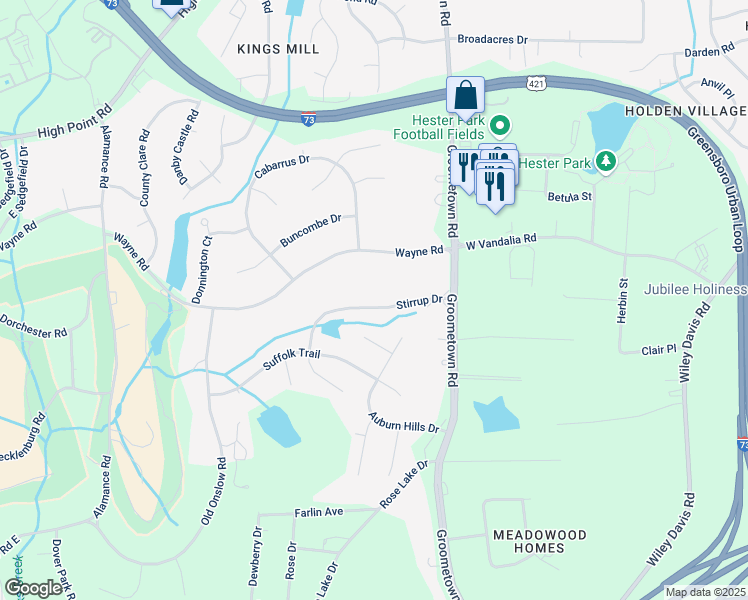 map of restaurants, bars, coffee shops, grocery stores, and more near 4118 Stirrup Drive in Greensboro