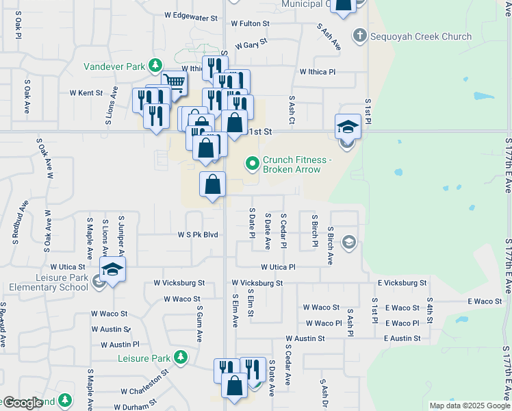 map of restaurants, bars, coffee shops, grocery stores, and more near 4001 South Date Place in Broken Arrow