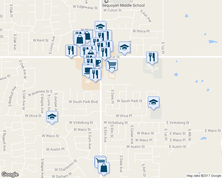 map of restaurants, bars, coffee shops, grocery stores, and more near 504 West Roanoke Street in Broken Arrow