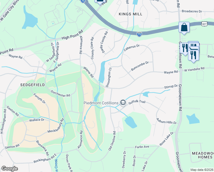 map of restaurants, bars, coffee shops, grocery stores, and more near 3305 Donnington Court in Greensboro