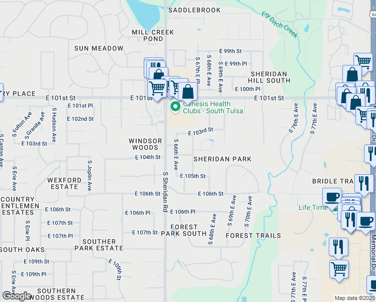 map of restaurants, bars, coffee shops, grocery stores, and more near 10338 South 67th East Avenue in Tulsa