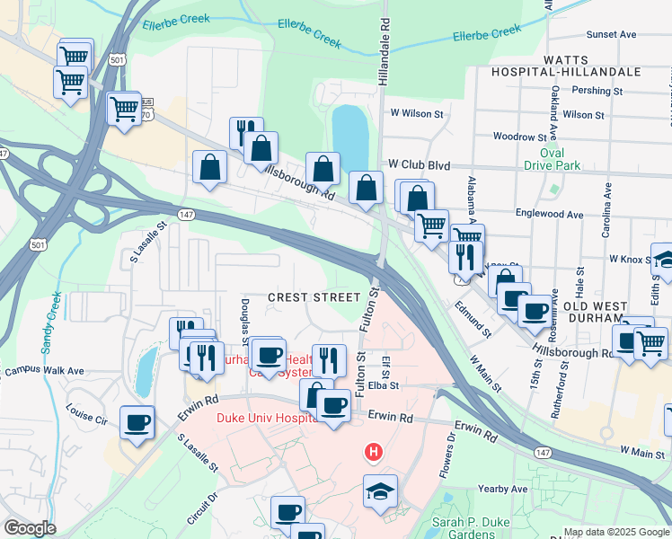 map of restaurants, bars, coffee shops, grocery stores, and more near 201 Beacon Street in Durham