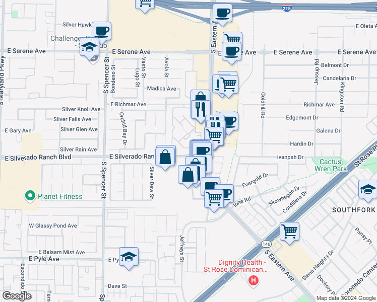 map of restaurants, bars, coffee shops, grocery stores, and more near 2300 East Silverado Ranch Boulevard in Las Vegas