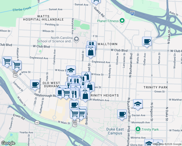 map of restaurants, bars, coffee shops, grocery stores, and more near 1001 Broad Street in Durham