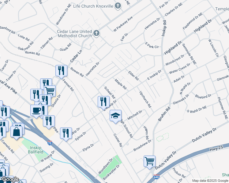 map of restaurants, bars, coffee shops, grocery stores, and more near 4800 Scheel Road in Knoxville