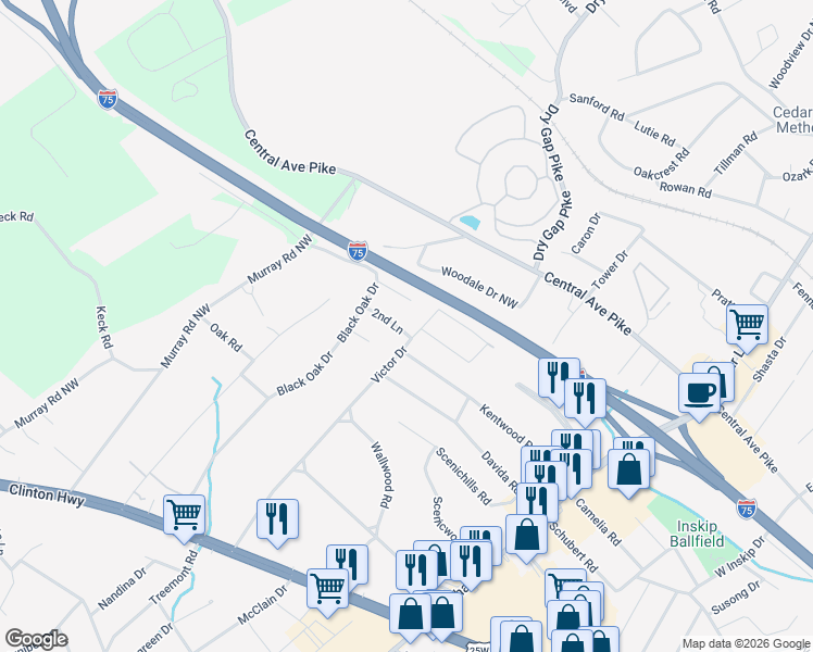 map of restaurants, bars, coffee shops, grocery stores, and more near 221 Victor Drive in Knoxville