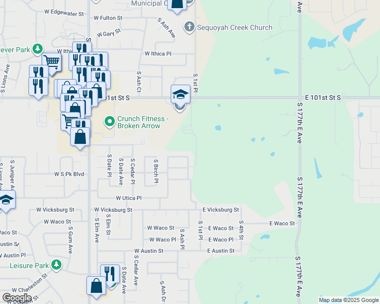 map of restaurants, bars, coffee shops, grocery stores, and more near 4001 South Ash Avenue in Broken Arrow