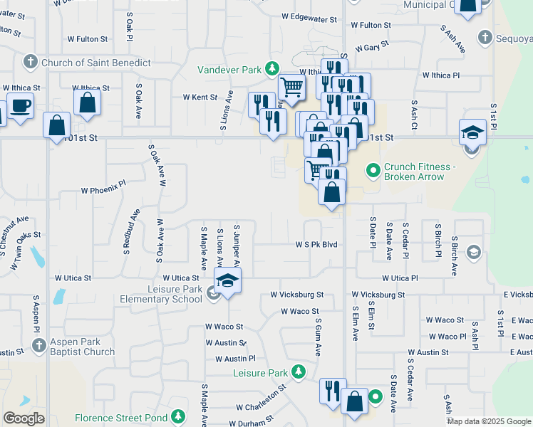 map of restaurants, bars, coffee shops, grocery stores, and more near 4000 South Hickory Avenue in Broken Arrow