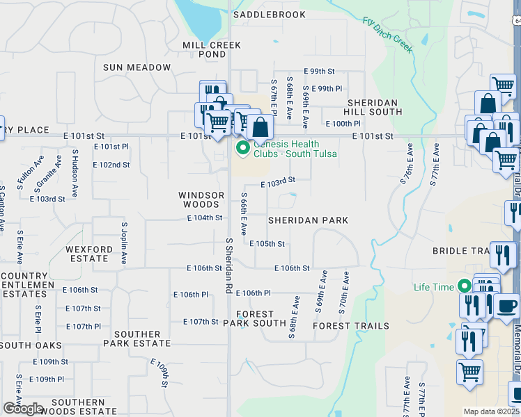 map of restaurants, bars, coffee shops, grocery stores, and more near 10338 South 67th East Avenue in Tulsa