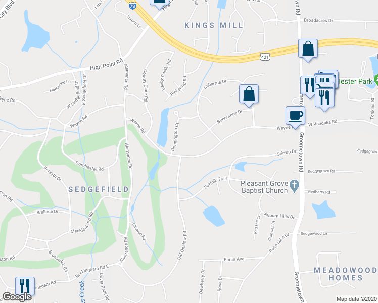 map of restaurants, bars, coffee shops, grocery stores, and more near 4256 Wayne Road in Greensboro