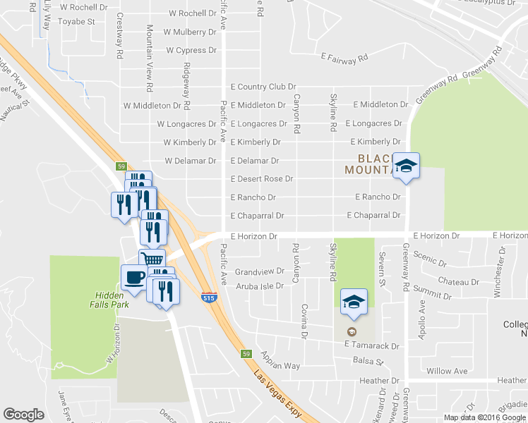 map of restaurants, bars, coffee shops, grocery stores, and more near 200 East Chaparral Drive in Henderson