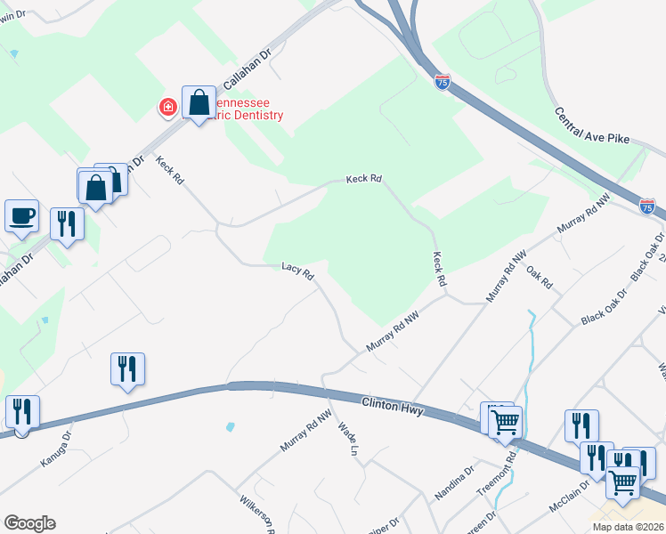 map of restaurants, bars, coffee shops, grocery stores, and more near 6210 Lacy Road in Knoxville