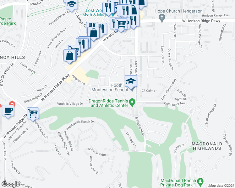 map of restaurants, bars, coffee shops, grocery stores, and more near Suzanne Peak Court in Henderson