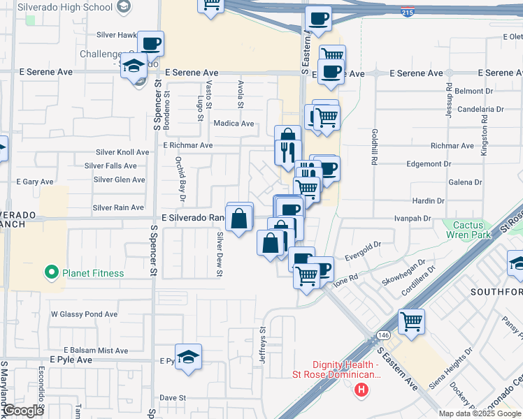 map of restaurants, bars, coffee shops, grocery stores, and more near 2300 East Silverado Ranch Boulevard in Las Vegas