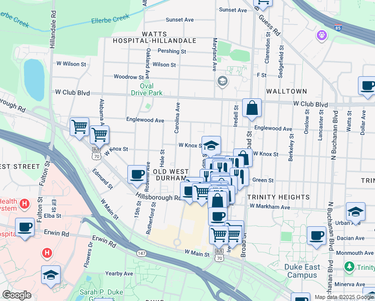 map of restaurants, bars, coffee shops, grocery stores, and more near 925 Virgie Street in Durham