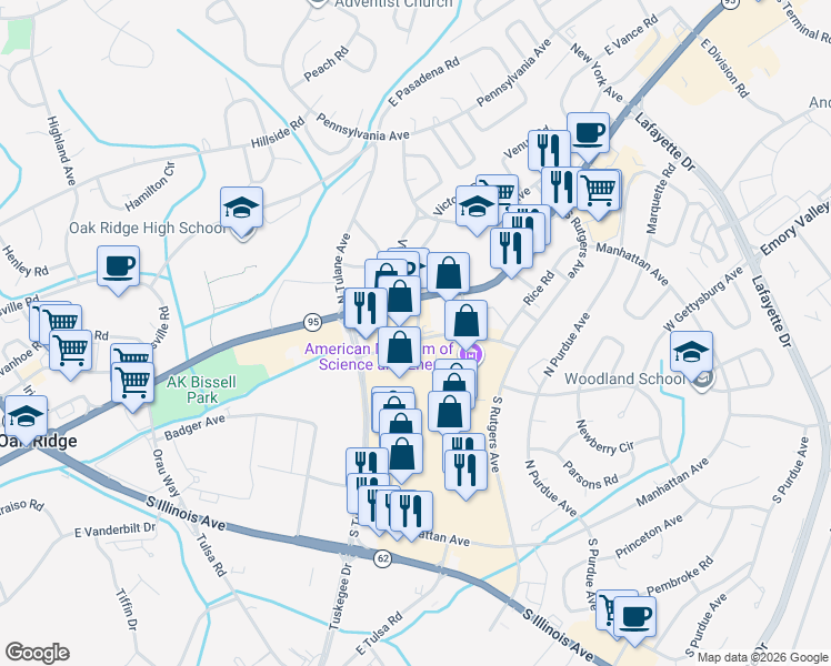 map of restaurants, bars, coffee shops, grocery stores, and more near 849 Main Street West in Oak Ridge