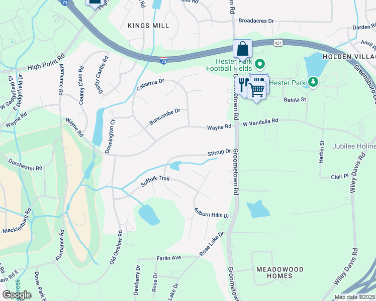 map of restaurants, bars, coffee shops, grocery stores, and more near 4118 Stirrup Drive in Greensboro