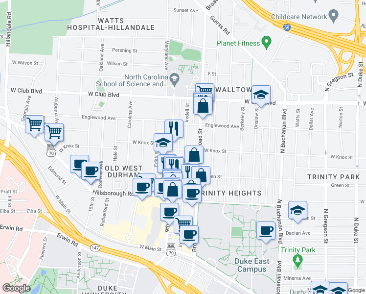 map of restaurants, bars, coffee shops, grocery stores, and more near 1001 Iredell Street in Durham