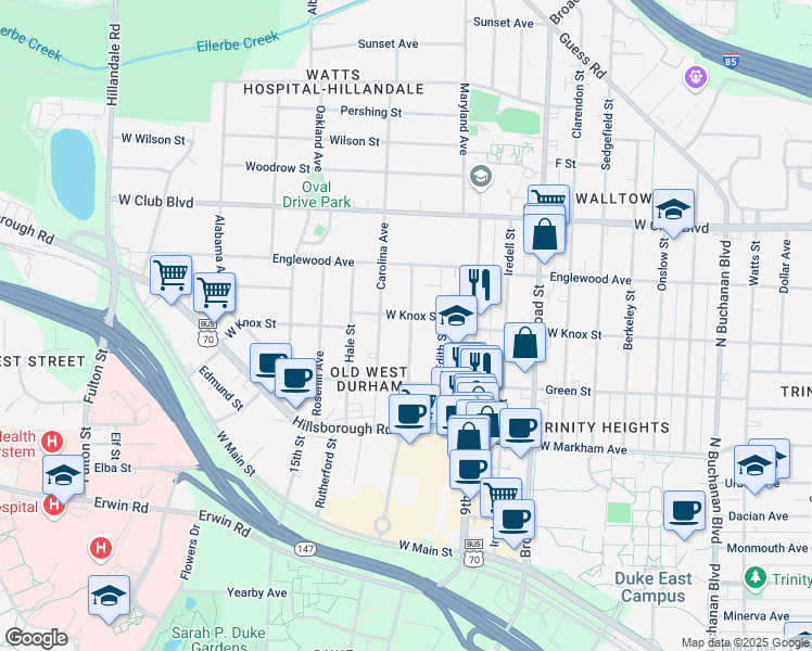 map of restaurants, bars, coffee shops, grocery stores, and more near 925 Virgie Street in Durham