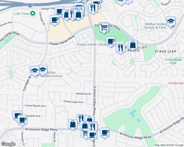 map of restaurants, bars, coffee shops, grocery stores, and more near 2206 Summerwind Circle in Henderson