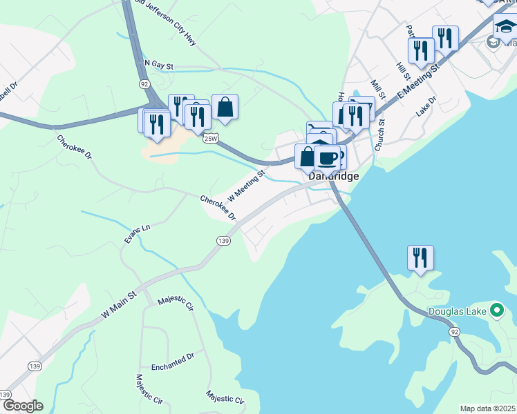 map of restaurants, bars, coffee shops, grocery stores, and more near 267 West Main Street in Dandridge