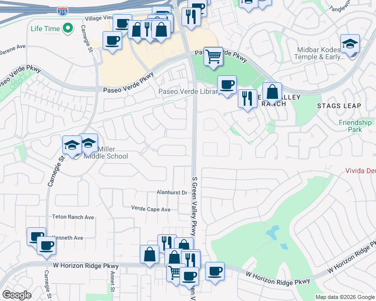 map of restaurants, bars, coffee shops, grocery stores, and more near 2143 Wilbanks Circle in Henderson