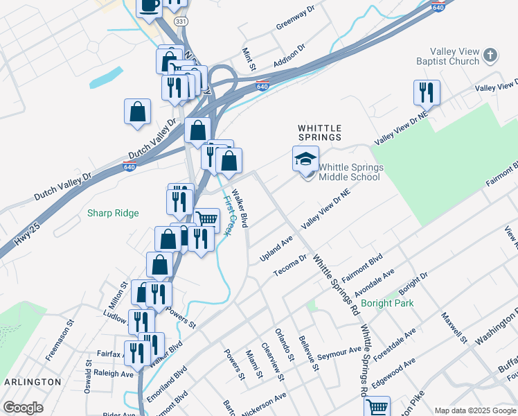map of restaurants, bars, coffee shops, grocery stores, and more near 2516 Montclair Avenue in Knoxville