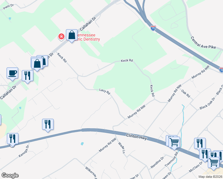 map of restaurants, bars, coffee shops, grocery stores, and more near 6210 Lacy Road in Knoxville