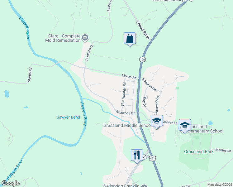 map of restaurants, bars, coffee shops, grocery stores, and more near 1805 Blue Springs Court in Franklin