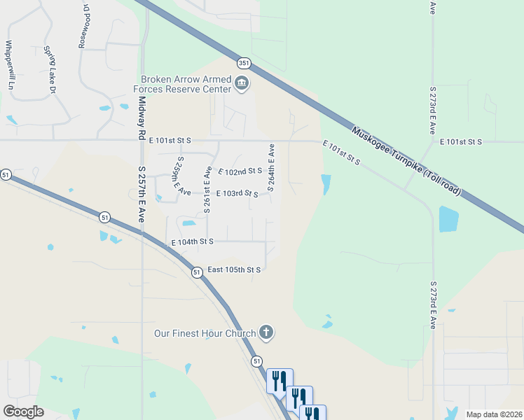 map of restaurants, bars, coffee shops, grocery stores, and more near 10287 South 263rd East Avenue in Broken Arrow
