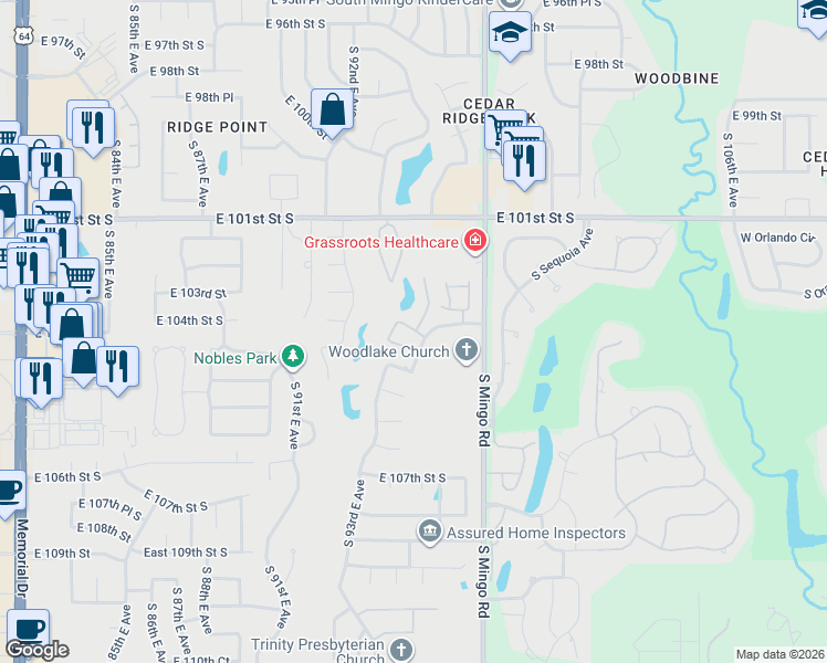 map of restaurants, bars, coffee shops, grocery stores, and more near 9529 East 104th Street in Tulsa