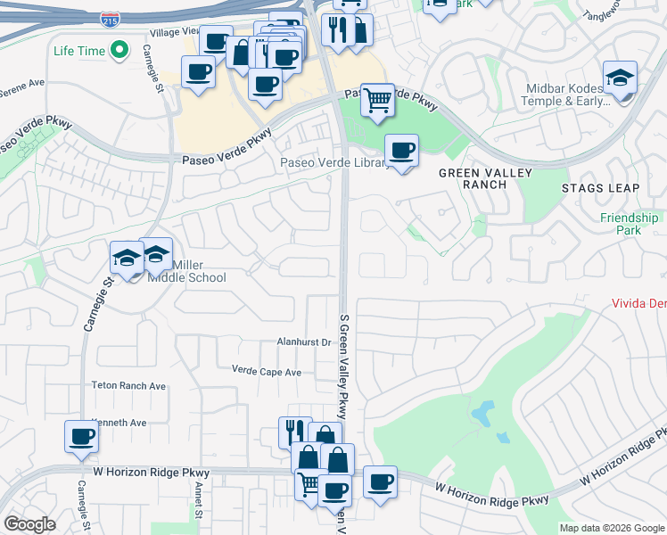 map of restaurants, bars, coffee shops, grocery stores, and more near 2143 Wilbanks Circle in Henderson
