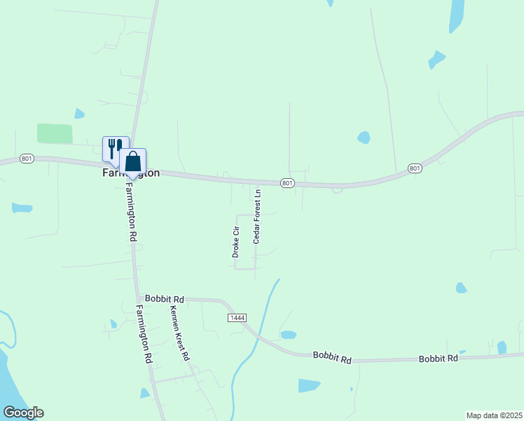 map of restaurants, bars, coffee shops, grocery stores, and more near 135 Cedar Forest Lane in Mocksville