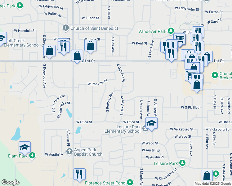 map of restaurants, bars, coffee shops, grocery stores, and more near 4009 South Poplar Avenue in Broken Arrow